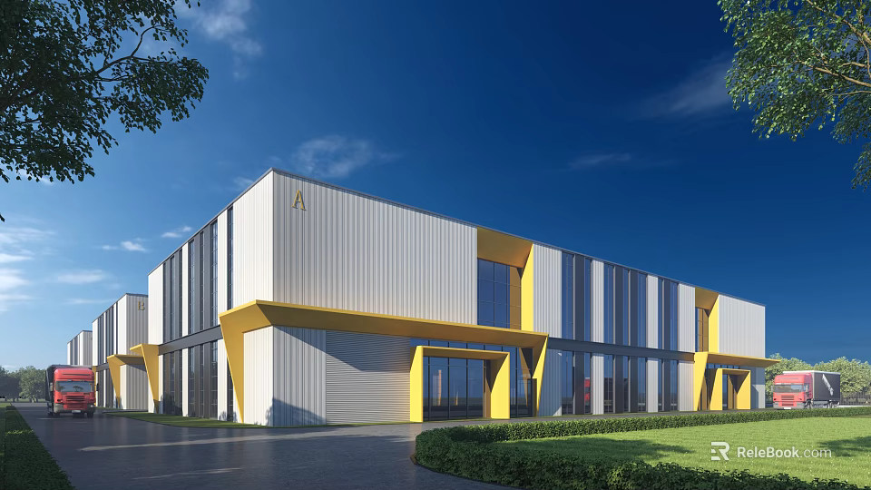 Modern Industrial Factory Building With Steel Structure Yellow Accents Large Windows And Green Lawn 3d model 