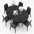 Elegant Round Dining Table Set With Six Black Chairs And Silver Pendant Lights 3d model