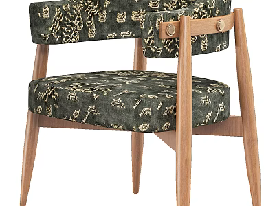 Dark Green Patterned Fabric Leisure Chair With Wooden Frame And Armrests Design 3d model