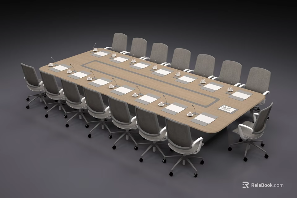 Modern Conference Table With Gray Office Chairs And Notebooks In Meeting Room 3d model 