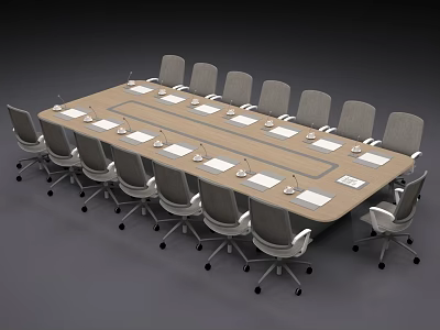 Modern Conference Table With Gray Office Chairs And Notebooks In Meeting Room 3d model