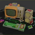 Vintage Computer Setup With Yellow Monitor Green Screen Keyboard And Peripherals