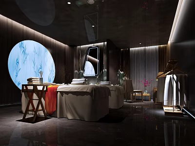 Luxurious SPA Sauna Interior Design With Massage Beds And Soft Lighting 3d model