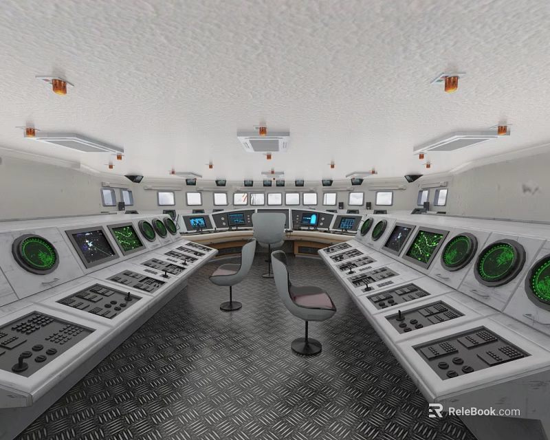 Warship Control Room Interior With Multiple Control Panels Screens Dials And Seats 3d model 
