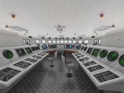 Warship Control Room Interior With Multiple Control Panels Screens Dials And Seats 3d model