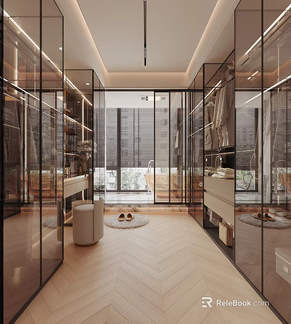 Elegant Modern Walk in Closet Interior With Glass Door Cabinets And Herringbone Flooring 3d model 