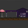 Cartoon Street Scene Featuring Purple Building Black Roof Pink Cherry Blossom Tree And Roadside Sign
