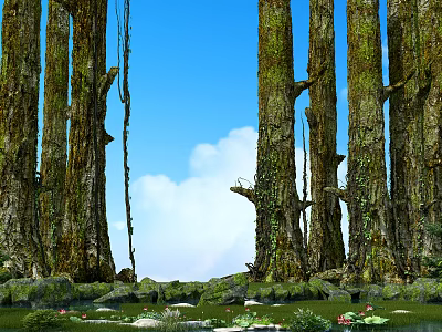 Tall Moss Covered Arborescent Trees With Hanging Vines Blue Sky And Water Lilies 3d model