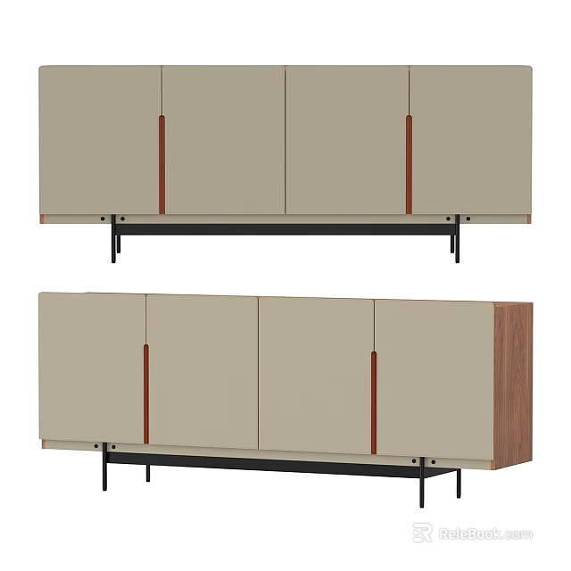 Modern Entryway Side Cabinet With Beige Doors Wooden Handles And Black Metal Legs 3d model 