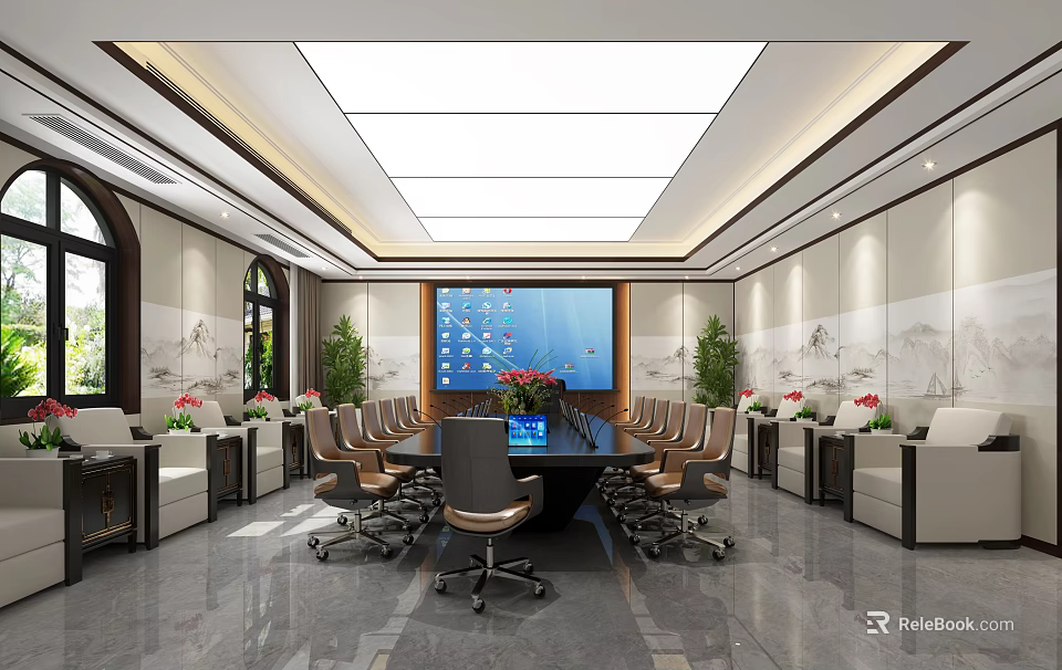 Modern Conference Room Interior With Large Screen Round Table Chairs And Green Plants 3d model 