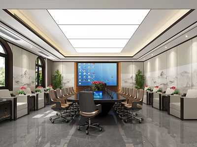 Modern Conference Room Interior With Large Screen Round Table Chairs And Green Plants 3d model