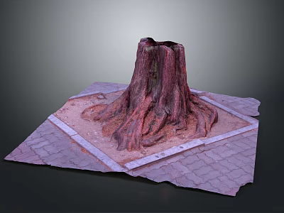 Wooden Stump Decor With Square Stone Paved Base Surrounded By Sand And Textured Surface 3d model
