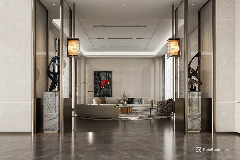 Modern Lounge Area Interior With Comfortable Sofa Artwork And Elegant Lighting 3d model 