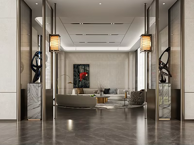 Modern Lounge Area Interior With Comfortable Sofa Artwork And Elegant Lighting 3d model