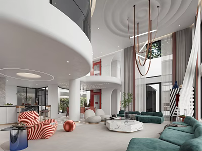 Modern Duplex Living Room Interior With Green Sofas And Creative Chairs 3d model