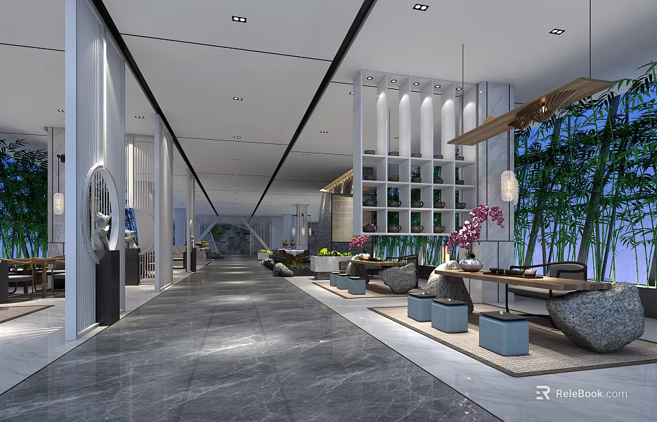 Modern Teahouse Interior Featuring Spacious Corridor Stone Floor Bookshelves Green Plants And Decorative Lamps 3d model 