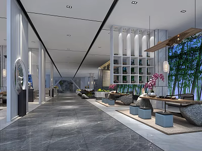 Modern Teahouse Interior Featuring Spacious Corridor Stone Floor Bookshelves Green Plants And Decorative Lamps 3d model