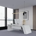 Modern White Office Desk With iMac Computer Desk Lamp And Large Window City View