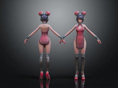 Female 3D Character Model With Pink Bodysuit Bun Hairstyle And High Heels Front Back Views 3d model