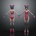 Female 3D Character Model With Pink Bodysuit Bun Hairstyle And High Heels Front Back Views