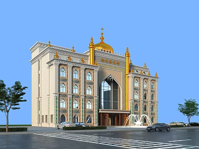 European Architecture With Golden Dome Ornate Details Beige Exterior Road Trees And Cars Front View 3d model