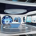 Modern Exhibition Hall Interior Design With Ceiling Lights Glass Partitions And Circular Floor