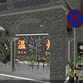 Chinese Style Commercial Street With Arched Doorways Brick Wall Wenzhou Sign And Tables Chairs