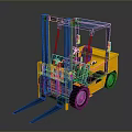 Yellow And Blue Industrial Forklift With Front Forks Cabin And Wheels