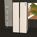White Double Door Refrigerator Freezer In Modern Interior With Wooden Wall And Decorative Painting