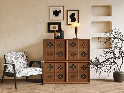 Wooden Entryway Cabinet Sideboard With Decorative Drawers Vase Table Lamp Patterned Chair On Beige Wall 3d model