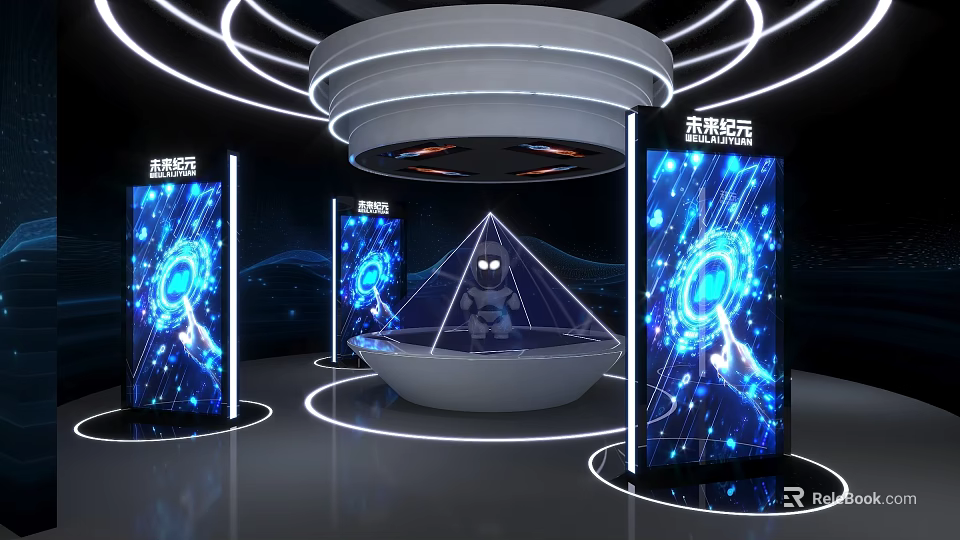 Smart Interactive Zone With Illuminated Screens Circular Stand And Transparent Pyramid 3d model 