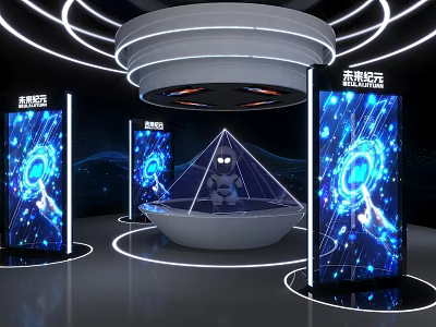 Smart Interactive Zone With Illuminated Screens Circular Stand And Transparent Pyramid 3d model