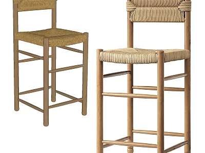 Natural Woven Bar Stools With Wooden Frame And Rattan Seat Backrest 3d model
