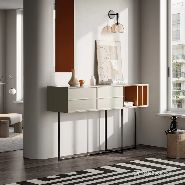 Modern Entryway Console Table With Metal Legs Drawers Open Shelving And Decorative Items 3d model 