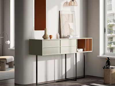 Modern Entryway Console Table With Metal Legs Drawers Open Shelving And Decorative Items 3d model