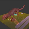 Pink Dinosaur Like Creature With Sharp Teeth Ferocious Posture Standing On Rock In Gray Background