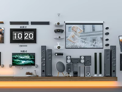 Modern TV With Projector Screen And Surround Sound Speakers In Home Theater Setup 3d model