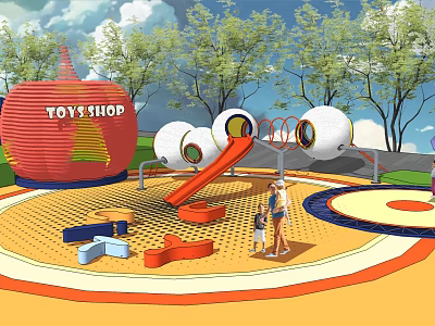 Outdoor Playground With Toys Shop Slide Swings And Children Playing Under Trees 3d model