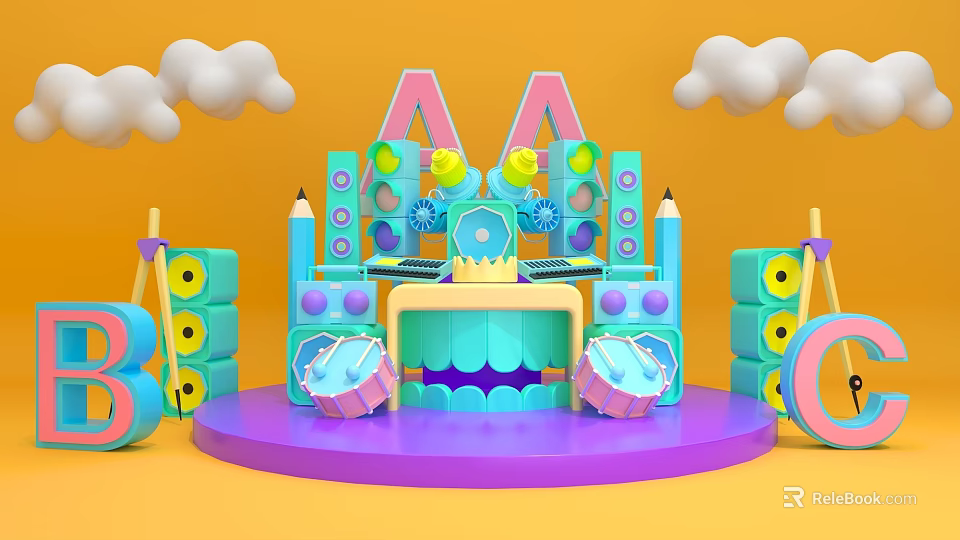 Colorful Kids Toy Stage With Blue Pink Yellow Decor And Cupcake Shapes 3d model 
