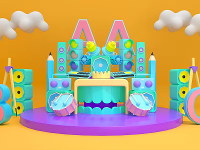 Colorful Kids Toy Stage With Blue Pink Yellow Decor And Cupcake Shapes 3d model