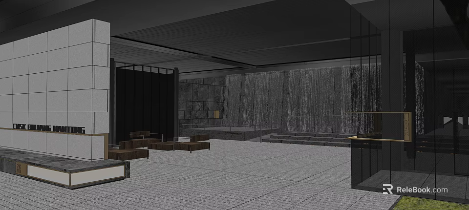 Modern Indoor Garden Landscape With Waterfall Wall Stone Wall And Wooden Seats 3d model 