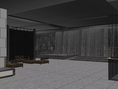 Modern Indoor Garden Landscape With Waterfall Wall Stone Wall And Wooden Seats 3d model