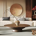 Modern Living Room Interior Design With White Sofa Round Coffee Table Round Mirror And Spotlights
