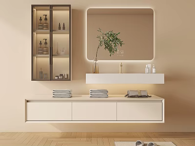 Modern Bathroom Vanity Cabinet Design With Backlit Mirror Green Plant And Sleek Storage 3d model