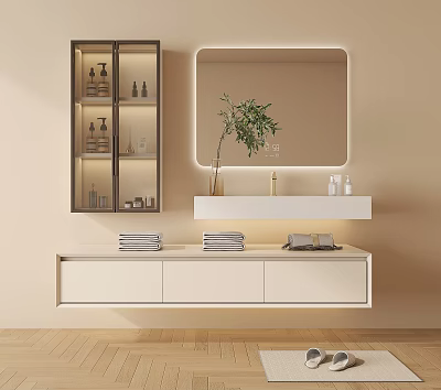 Modern Bathroom Vanity Cabinet Design With Backlit Mirror Green Plant And Sleek Storage 3d model