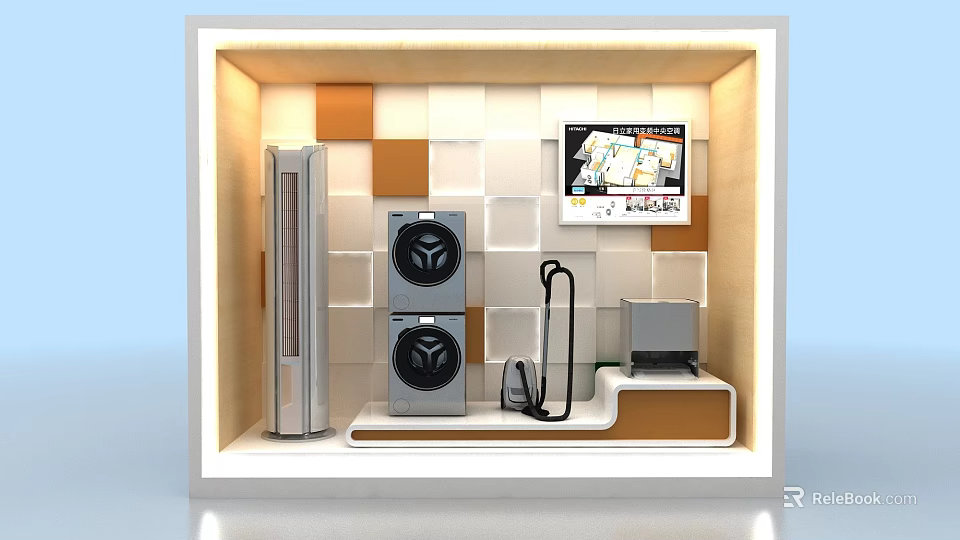 Modern Electronics Window Display With Speakers Air Conditioner Laptop And Headphones On Geometric Tiled Wall 3d model 