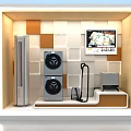 Modern Electronics Window Display With Speakers Air Conditioner Laptop And Headphones On Geometric Tiled Wall