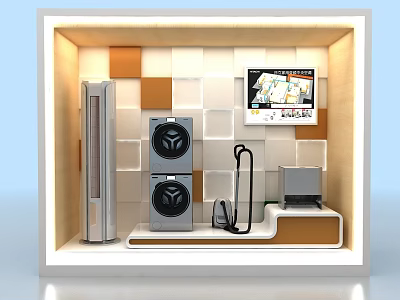 Modern Electronics Window Display With Speakers Air Conditioner Laptop And Headphones On Geometric Tiled Wall 3d model