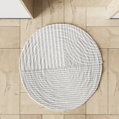 Modern Minimalist Round Rug With Striped Concentric Circles On Wooden Floor 3d model
