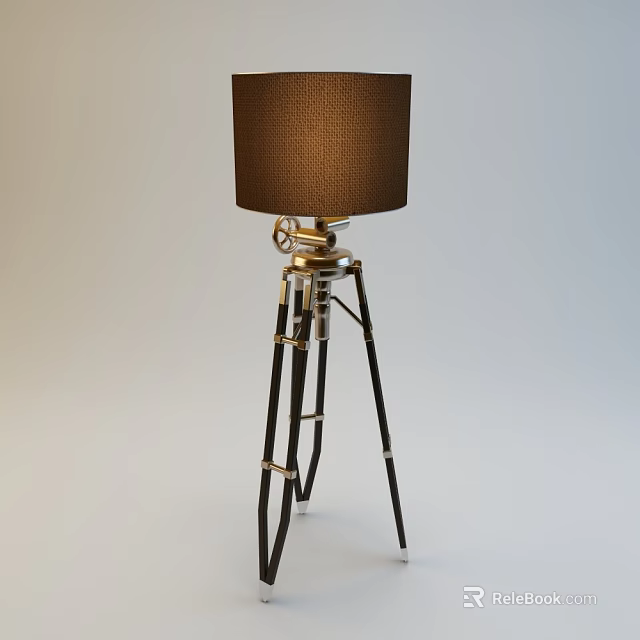 Vintage Industrial Floor Lamp With Brown Fabric Shade And Tripod Base 3d model 